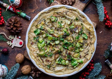 finished oven baked  Brussels Sprouts & Potato Dauphinoise