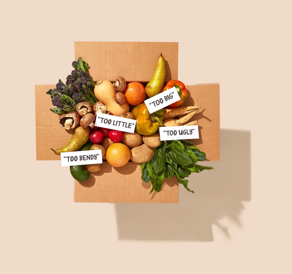 Topdown view of an Oddbox fruit and vegetable box