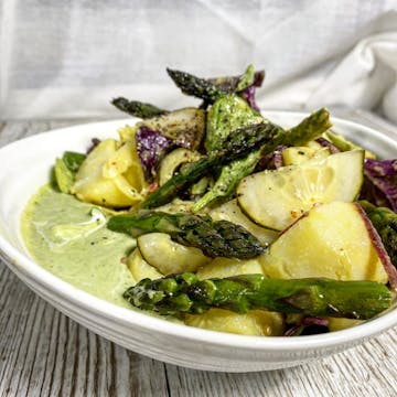 potato salad with asparagus, Pickled cucumber and mustard avocado dressing