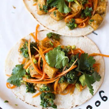 Crispy Tofu, Carrot & Jalapeno Pesto Tacos