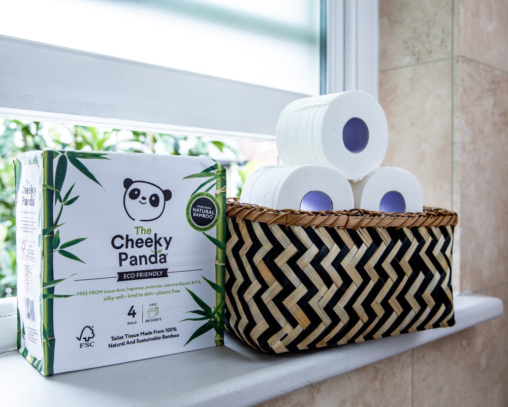 Cheeky Panda bamboo toilet rolls on a shelf