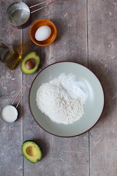 mixing bowl,  flour, sugar, baking powder, and salt.