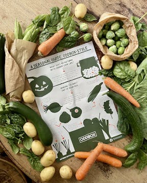 Fruit and veg spread out on a table with the seasonal guide in the center