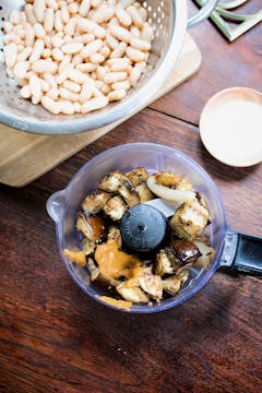 aubergine and shallots in a blender