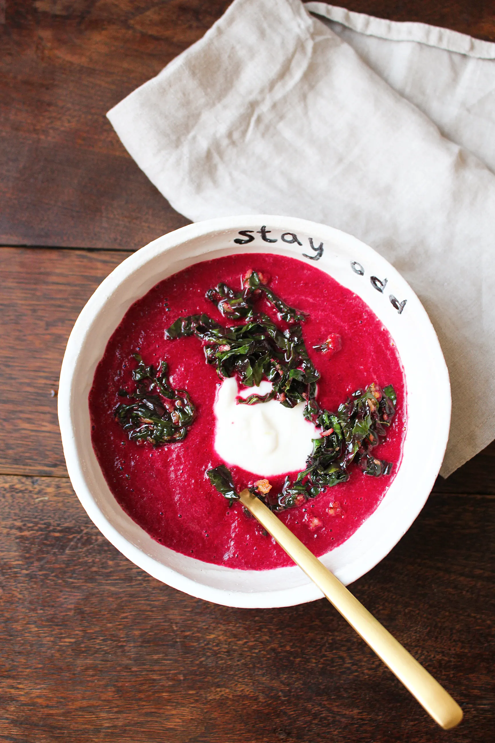 Roasted Beetroot Soup with Wilted beetroot leaves and Creme Fraiche