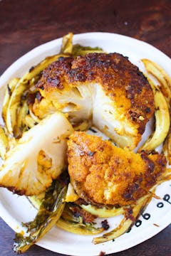 roasted cauliflower and leaves in oddbox plate