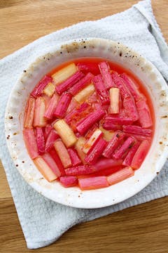 baked rhubarb in baking dish 