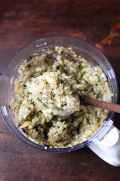 aubergine, shallots, garlic and herbs in a food processor