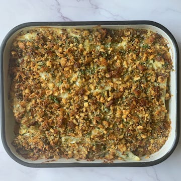 The assembled Fennel, Ricotta & Parmesan Gratin with Hazelnut Breadcrumbs in the pan.