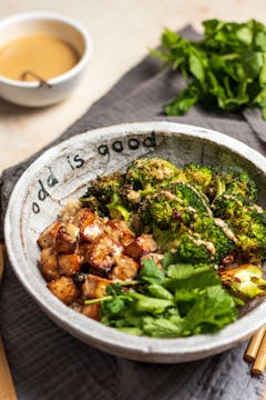 Miso roasted broccoli & tofu in bowl