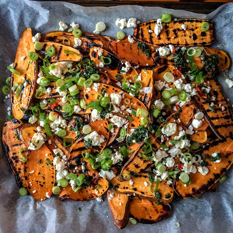 Biffen Kitchen's sweet potato salad on a baking tray.