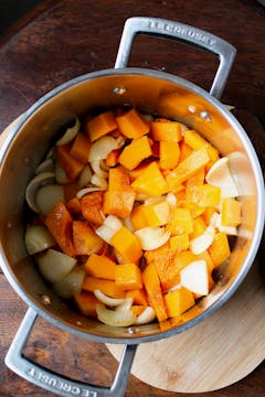 butternut and onions in saucepan 