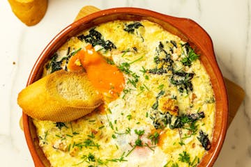 Chard and chickpea bake, fresh out the oven! With a slice of crusty bread to serve. 