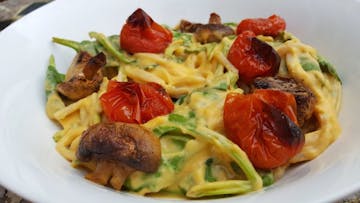 A serving of Creamy Sweet Potato Spaghetti with Roasted Veg.