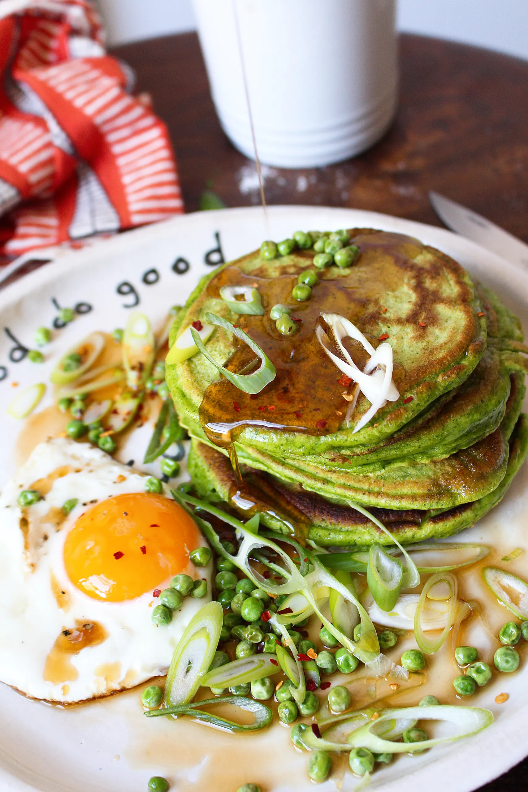 Spinach Pancakes with Fried Egg & Maple Syrup