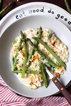 Asparagus risotto in a white bowl