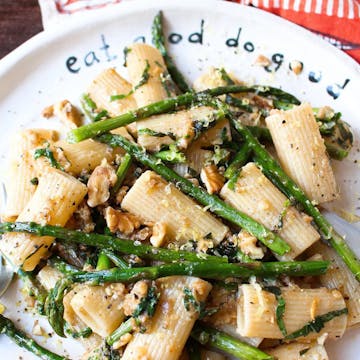 Asparagus and lemon pasta on a white plate