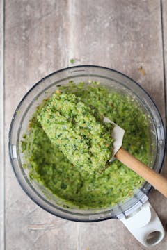 blended pesto in a food processor
