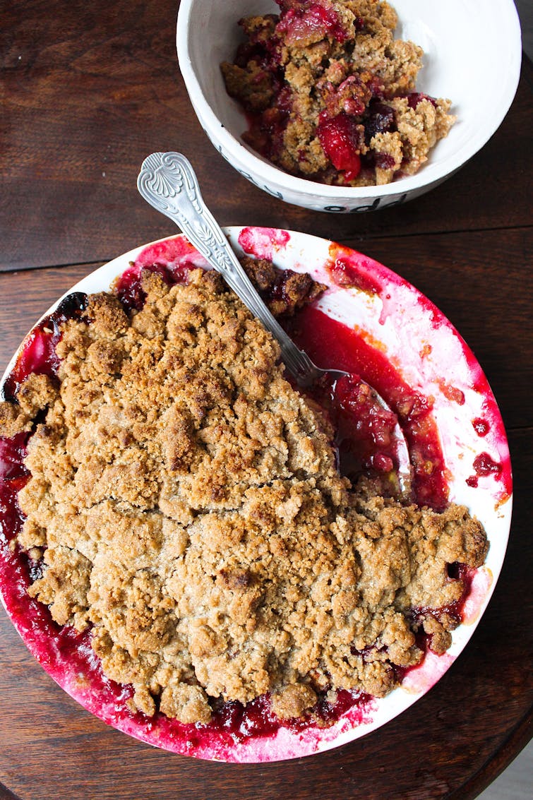 Crumble in pie dish and in Oddbox bowl