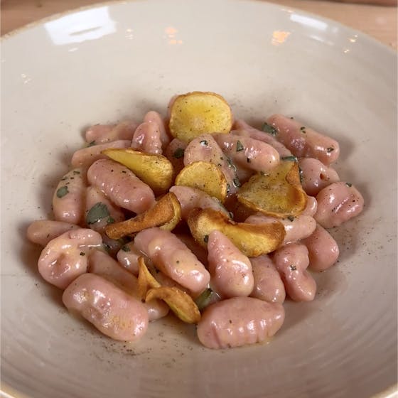 Beetroot gnocchi in a bowl