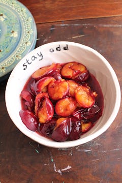 maple vanilla roasted plums served in a bowl