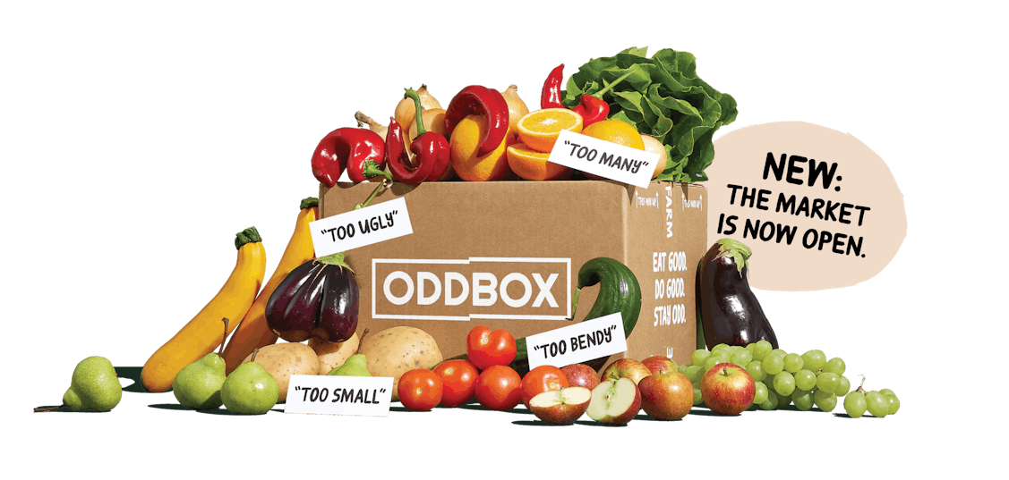 Oddbox surrounded by fruit and vegetables