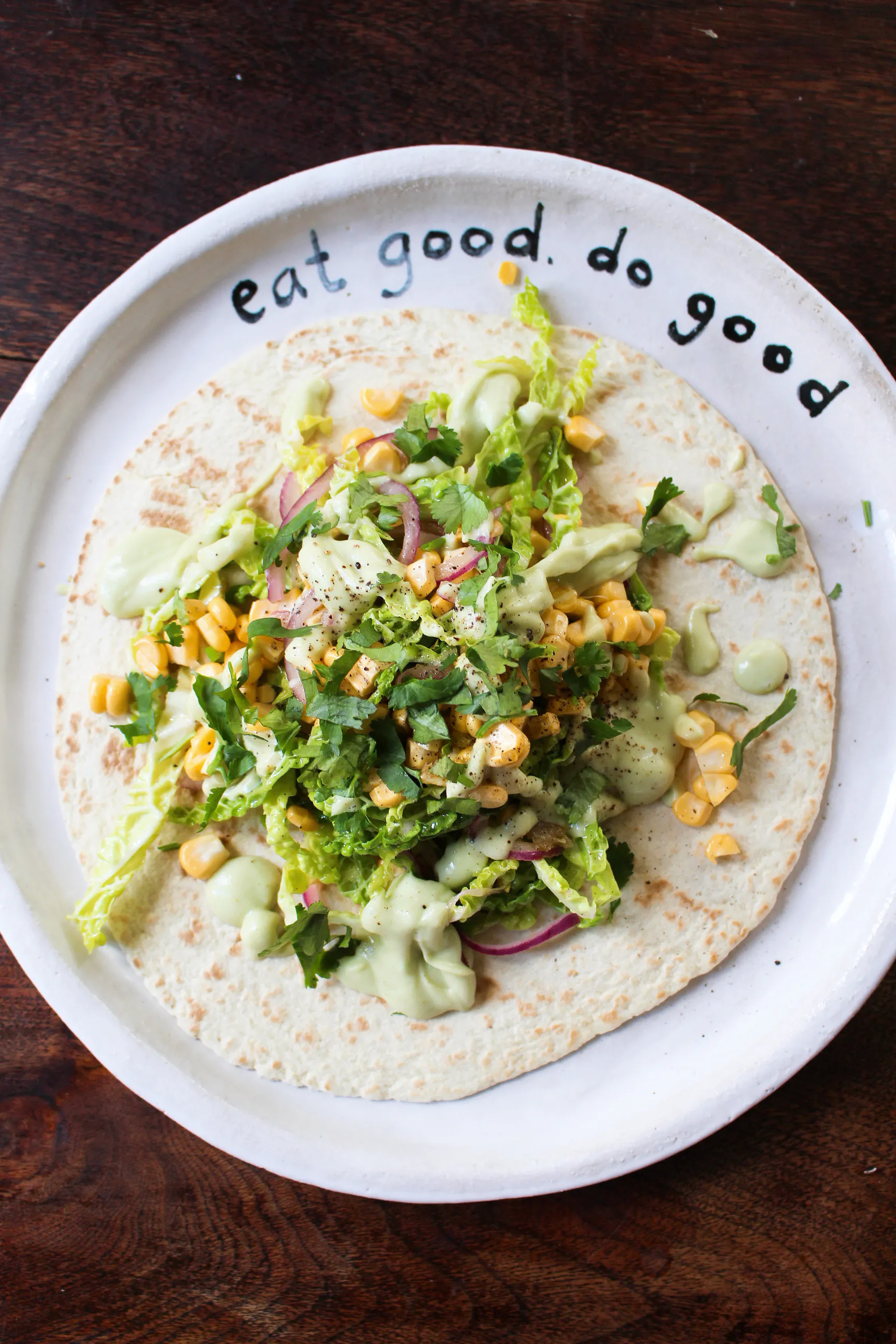 Cabbage & Corn Tacos with Avocado Cream