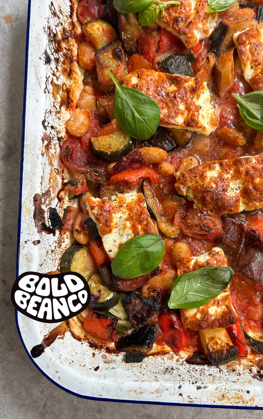 Bold Bean Mediterranean Veg + Butter Bean Traybake with Golden Halloumi