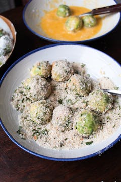 Brussels sprouts coated in breadcrumbs