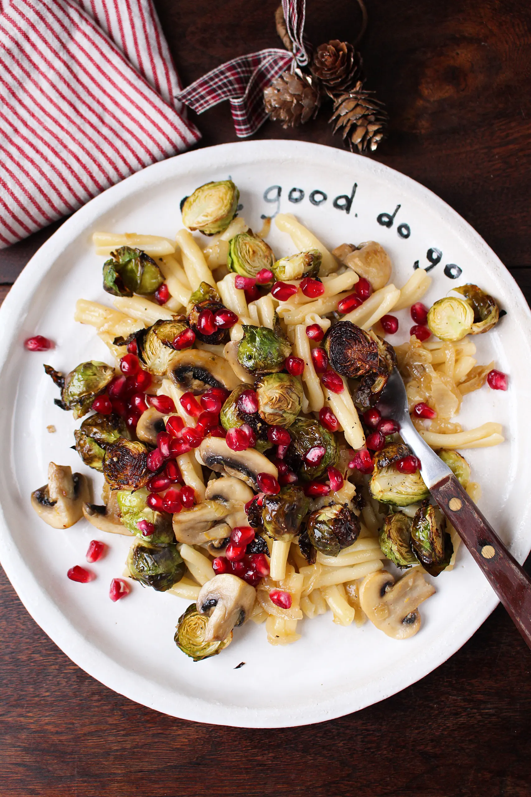Mushroom, Brussels Sprouts and Onion Pasta