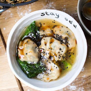 Spring greens and tofu wonton soup