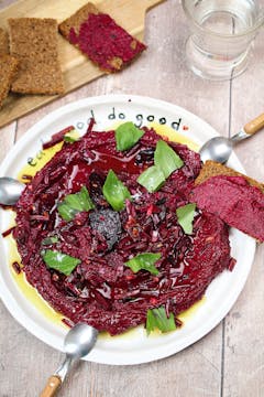 served beetroot and goat cheese dip with rye bread