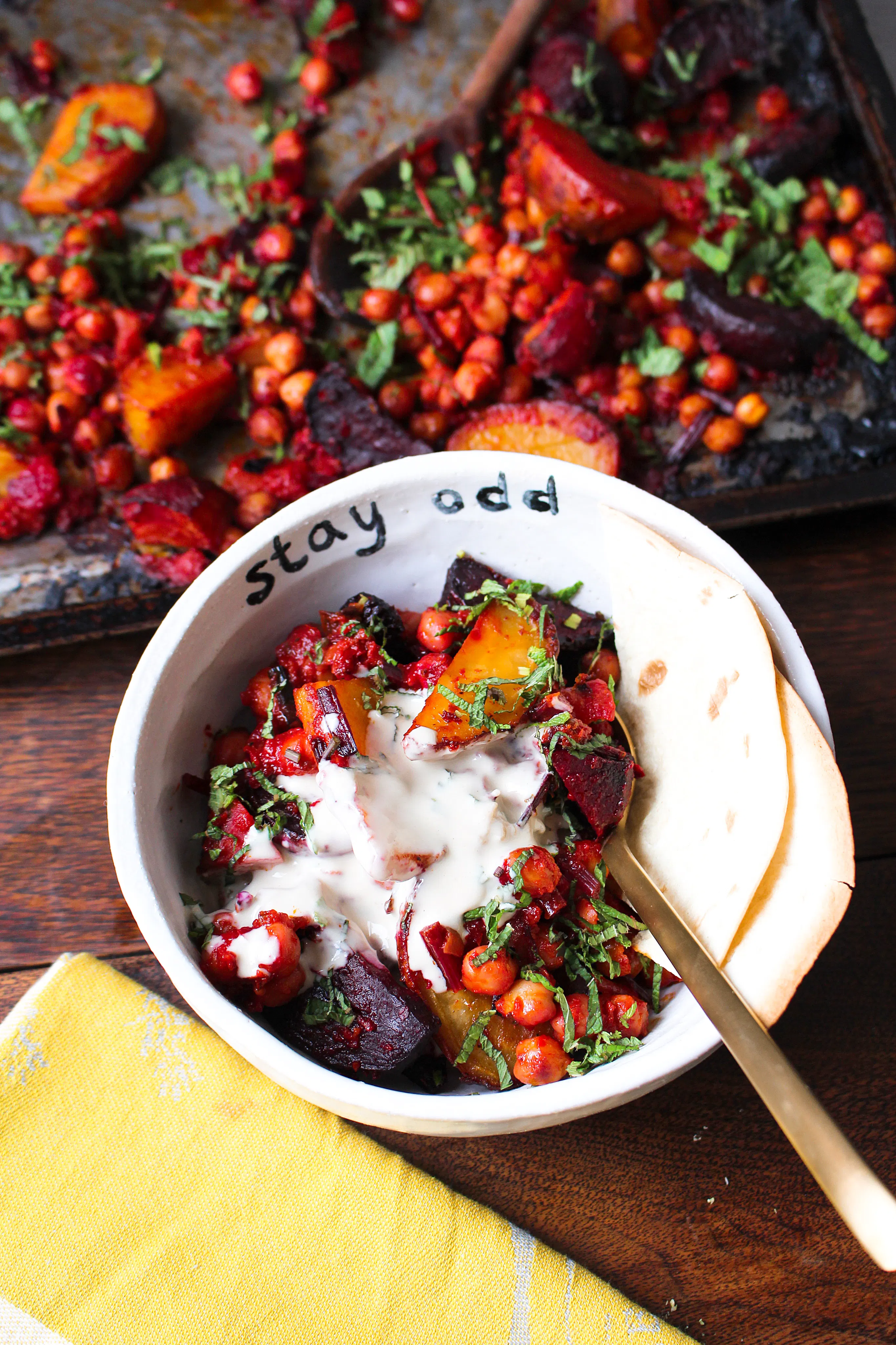 Beetroot and Chickpea Harissa Tray Bake