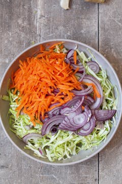 cabbage, carrot, onion on plate