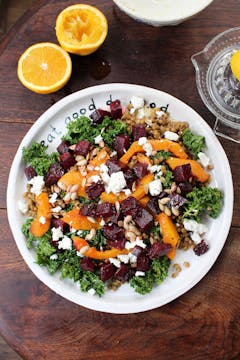 Winter Beetroot & Pumpkin Salad on a white plate 
