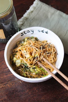 Lettuce teriyaki noodles in oddbox bowl