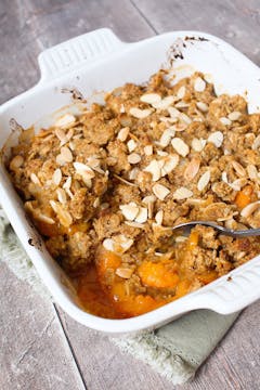  golden apricot crumble in a oven dish
