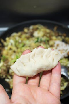 A dumpling with filling, sealed with pleating. 