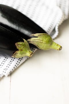 two aubergines on top of a kitchen towel