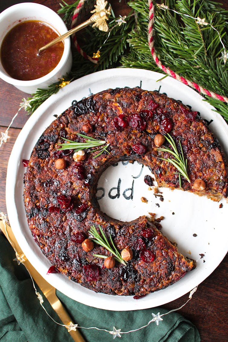 aubergine nut roast with onion gravy on the side