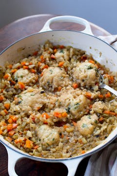 cooked stew and dumplings
