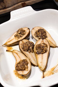 Pears and crumble cooked in baked dish 