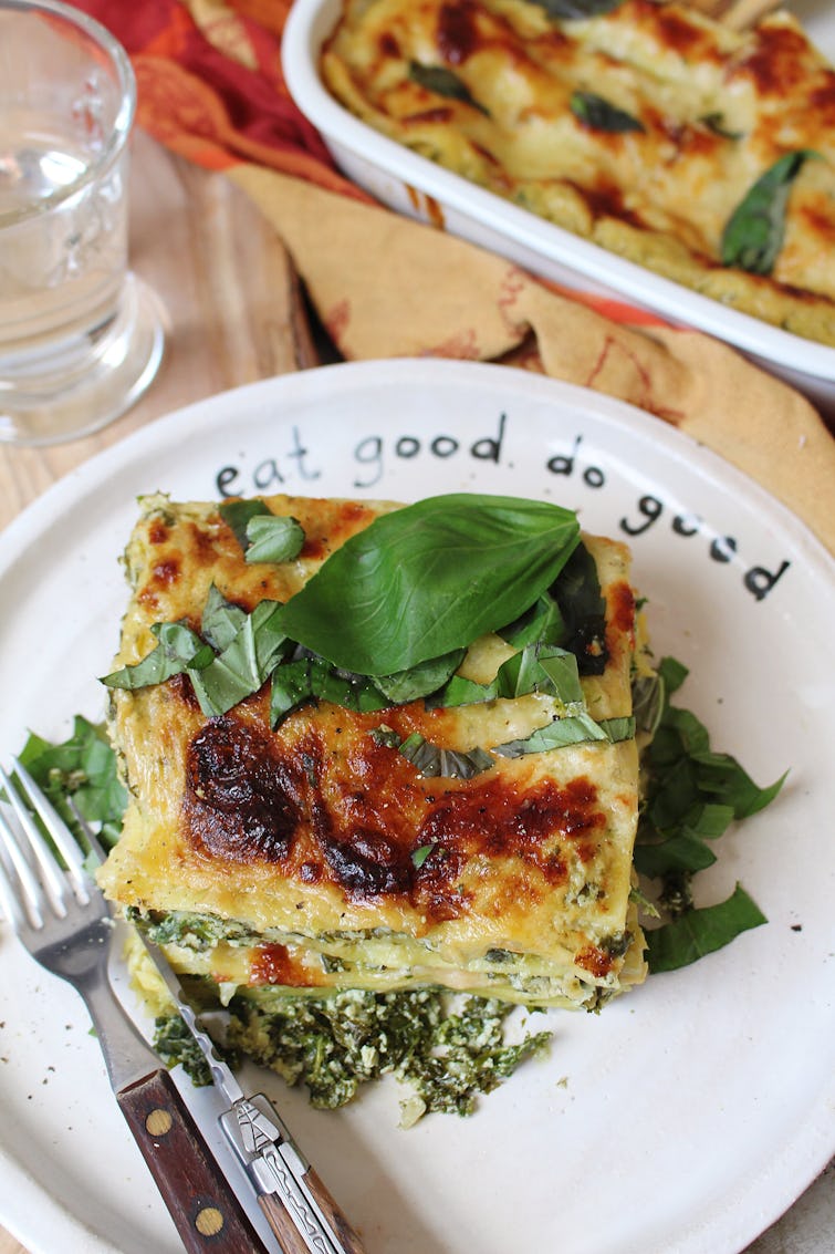 A slice of kale lasagne on a plate. 