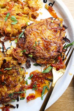 carrot hash browns with chilli oil on oddbox plate 