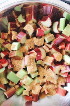 A pile of rhubarb in a bowl covered in sugar.