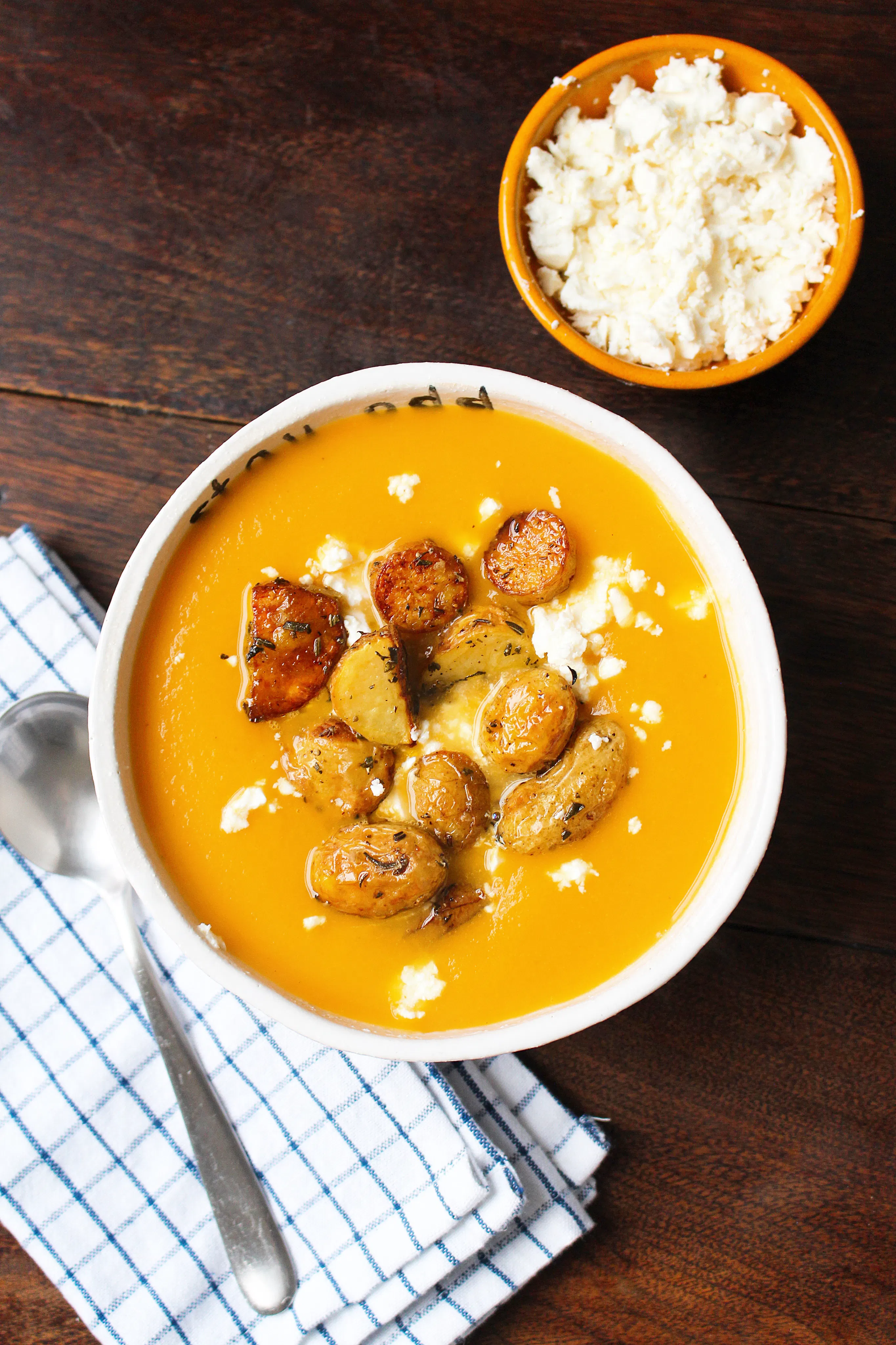 Onion and Squash Soup with Roasted Baby Potatoes
