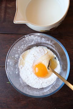 flour, egg and oil in mixing bowl 