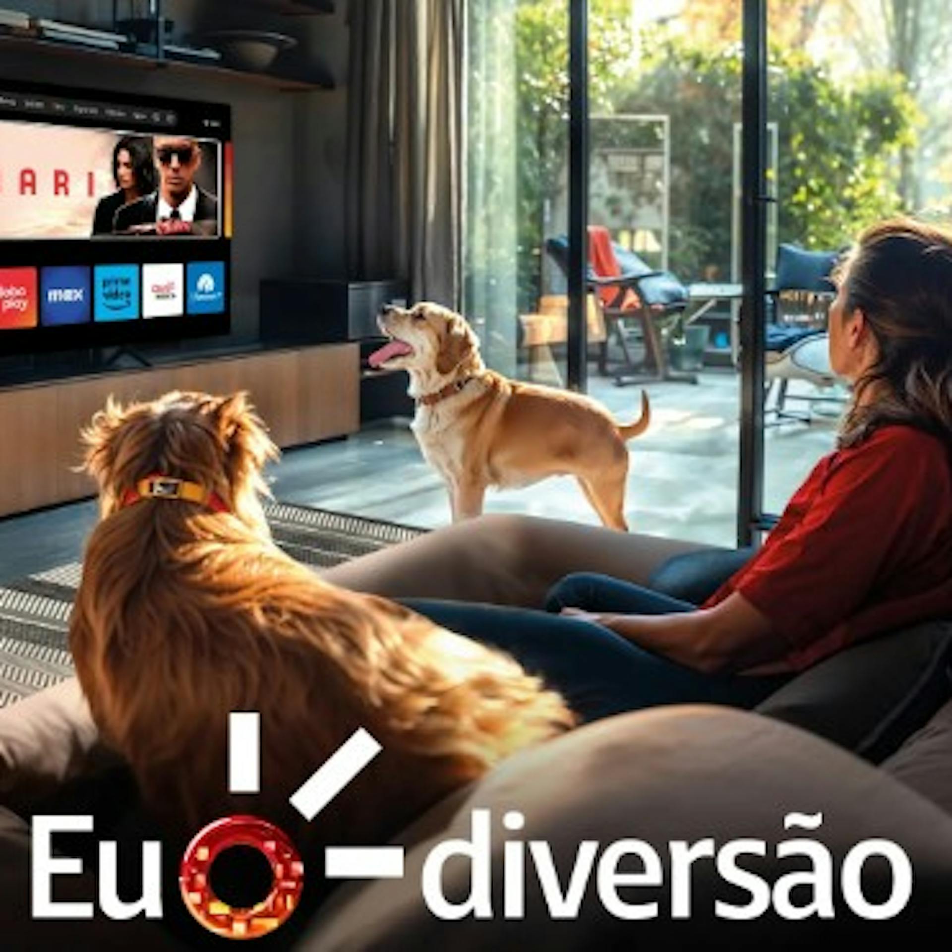 homem e mulher com dois cachorros assistindo claro tv