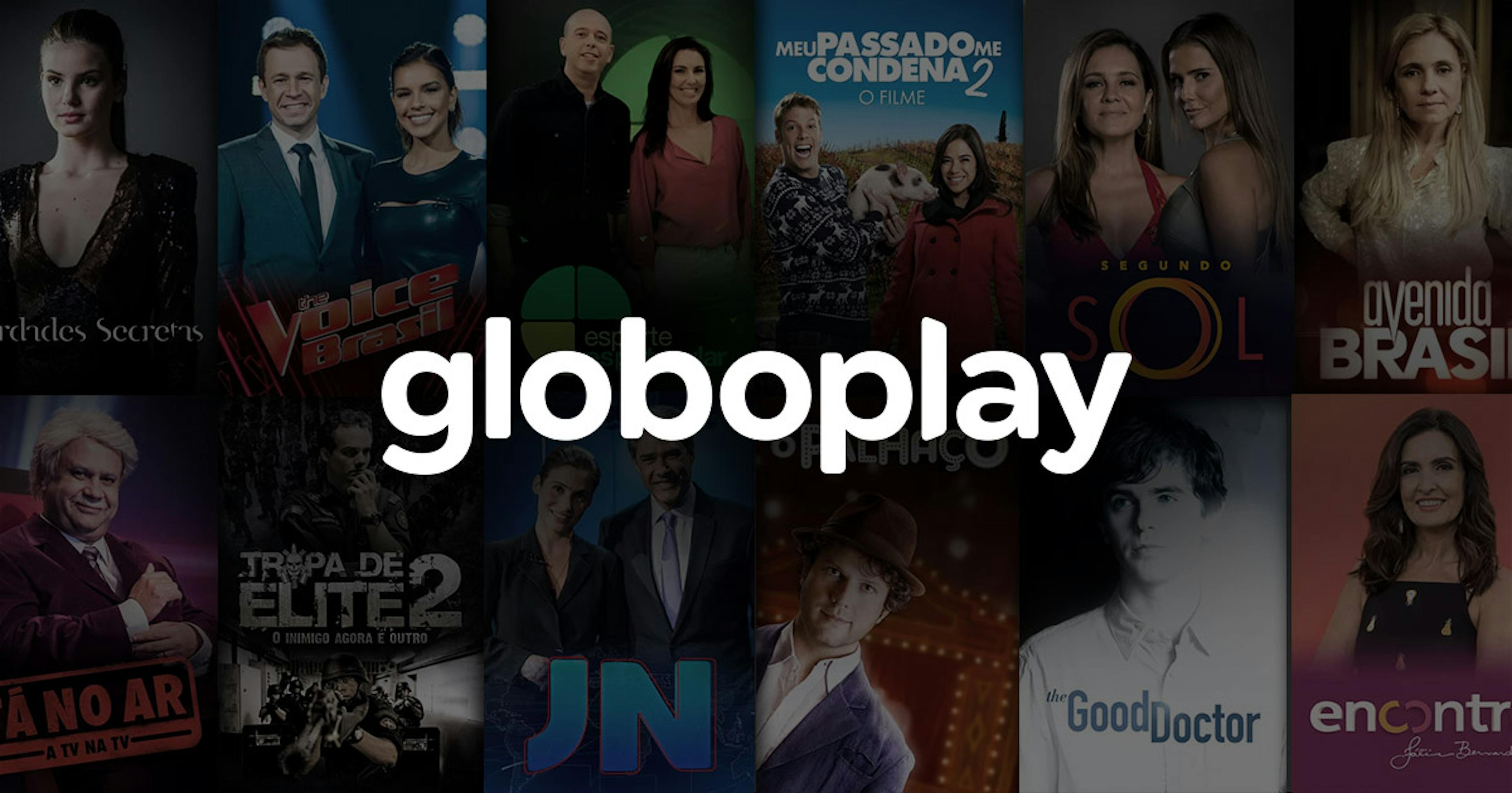 Logo Globoplay, com o fundo com imagens de filmes, series e programas.