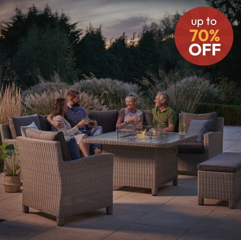 Family Enjoying Garden Around Fire Pit Dining Table